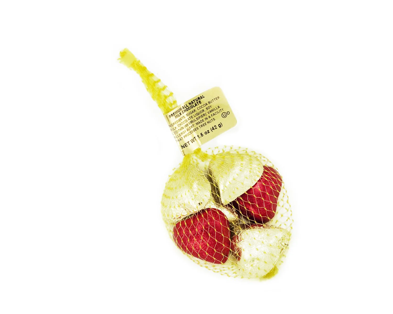 Red And Gold Chocolate Hearts In Mesh Bag - Image 2